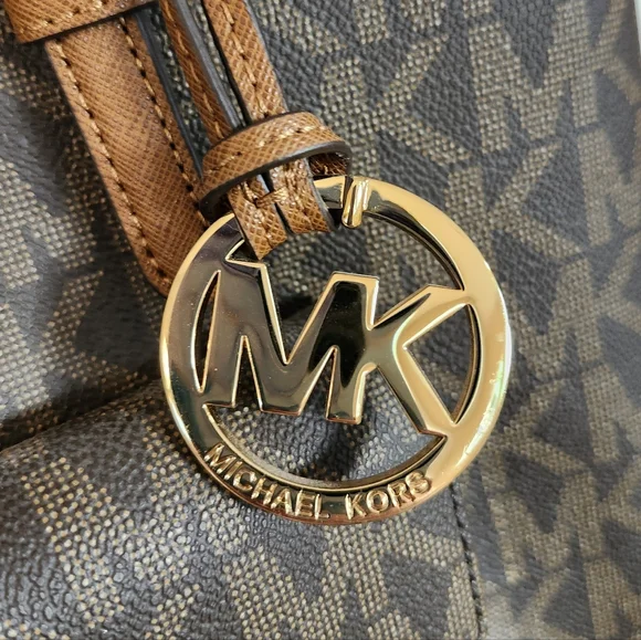 Michael Kors Jet Set Bag Purse 35S6GTTT3B Brown Tan Beige Cream Gold MK Logo - Picture 8 of 9